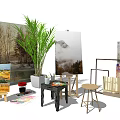 Art Supplies and Musical Instruments with Easels Canvas Paints Brushes and Potted Plant