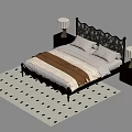 Double Bed With Black Floral Headboard White Sheets Brown Blanket Black Nightstands White Lamps Checkered Rug