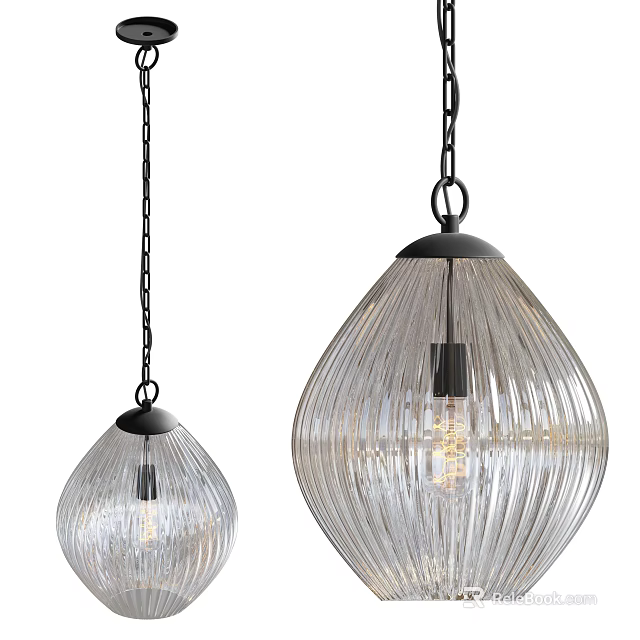 Modern Glass Pendant Lights with Ribbed Design Black Chains and Two Sizes 3d model 