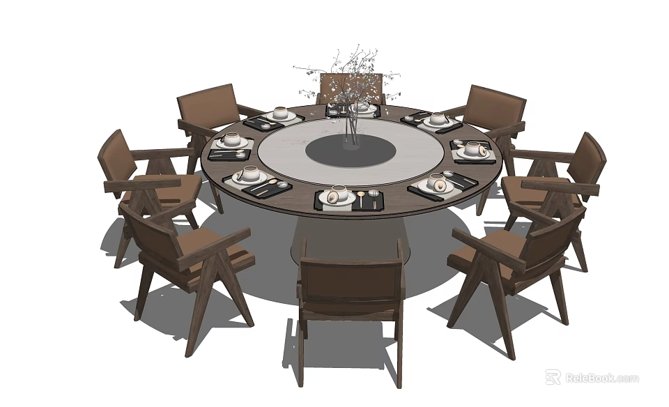 Round Dining Table Set With Brown Chairs Place Settings And Centerpiece Decor 3d model