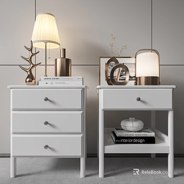 White Bedside Tables With Drawers Table Lamps Decorative Items And Books 3d model