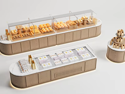 Modern Display Shelves With Glass Cover And Wooden Cabinet For Bread Pastries 3d model