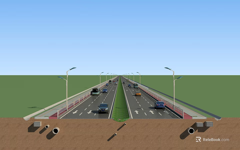 Urban Road Facilities With Two Way Lanes Street Lighting Drainage Pipes And Vehicles 3d model 