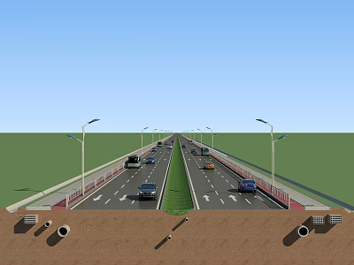 Urban Road Facilities With Two Way Lanes Street Lighting Drainage Pipes And Vehicles 3d model