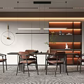 Modern Dining Table Set Interior With Brown Chairs Hanging Lights And Wall Shelves 3d model