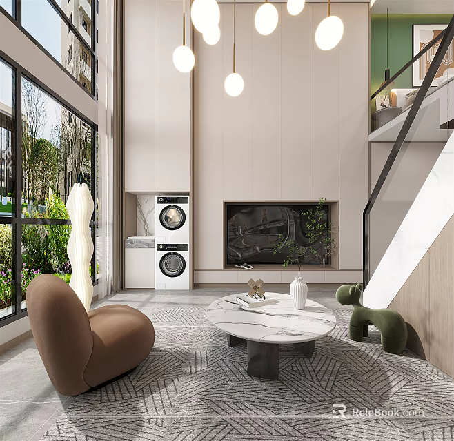 Duplex Living Room Interior Design With Marble Coffee Table Brown Chair Fireplace And Pendant Lights 3d model 