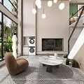 Duplex Living Room Interior Design With Marble Coffee Table Brown Chair Fireplace And Pendant Lights