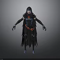 Hooded Female Character Costume With Black Cloak Blue Purple Outfit Red Accents And Blue Boots