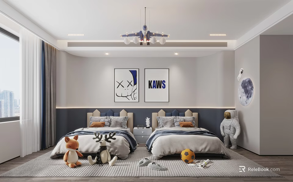 Kids Room Interior Design With Two Beds Airplane Chandelier Wall Art Astronaut Doll And Toys 3d model 