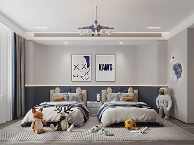 Kids Room Interior Design With Two Beds Airplane Chandelier Wall Art Astronaut Doll And Toys 3d model