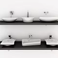 White Bathroom Sinks On Black Shelves With Modern Faucets And Stylish Arrangement