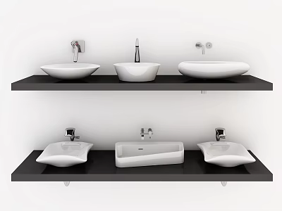 White Bathroom Sinks On Black Shelves With Modern Faucets And Stylish Arrangement 3d model