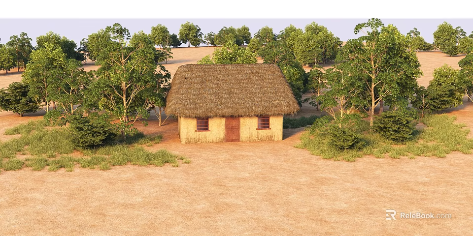 Traditional Thatched House Surrounded by Green Trees and Bushes on Sandy Ground 3d model 