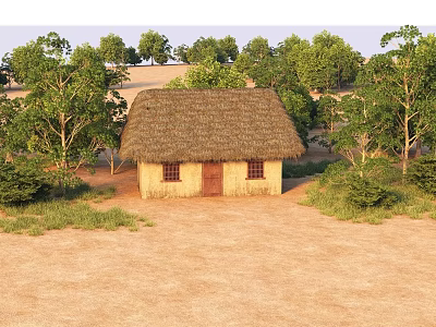 Traditional Thatched House Surrounded by Green Trees and Bushes on Sandy Ground 3d model