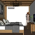 Minimalist Hotel Guest Room With Wooden Ceiling Twin Beds TV And Green Plants