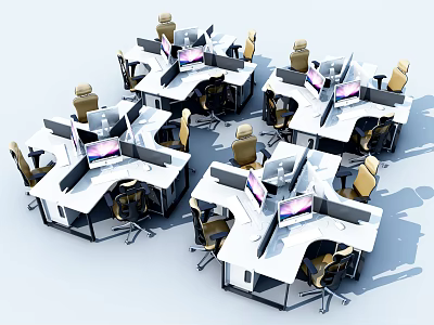 Modern Office Desks Arrangement With Partitioned Workstations Computers And Ergonomic Office Chairs 3d model