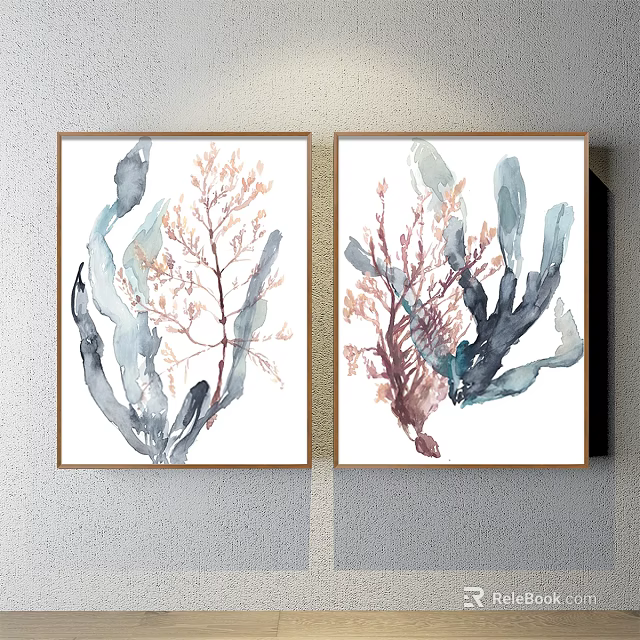 Watercolor Plant Paintings With Blue Pink Gray Tones In Golden Frames Wall Art 3d model 