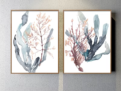 Watercolor Plant Paintings With Blue Pink Gray Tones In Golden Frames Wall Art 3d model