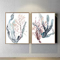 Watercolor Plant Paintings With Blue Pink Gray Tones In Golden Frames Wall Art