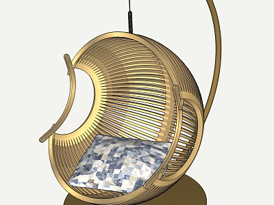 Golden Rattan Hanging Chair with Plush Patterned Cushion Modern Elegant Stylish Design 3d model