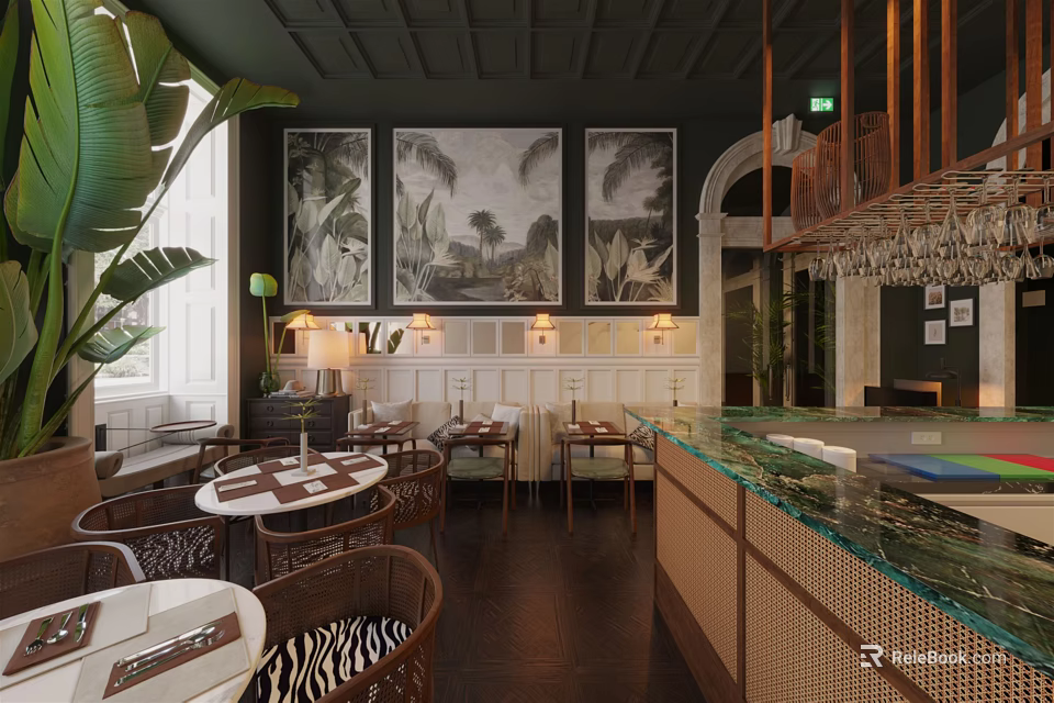 Elegant Restaurant Interior With Large Tropical Plants Three Wall Paintings And Marble Bar Counter 3d model 