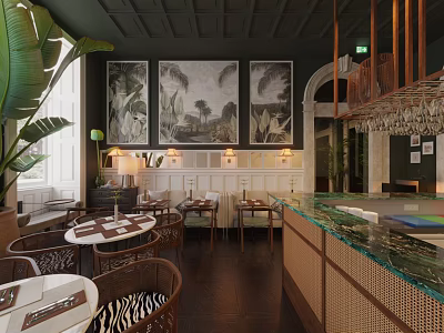 Elegant Restaurant Interior With Large Tropical Plants Three Wall Paintings And Marble Bar Counter 3d model
