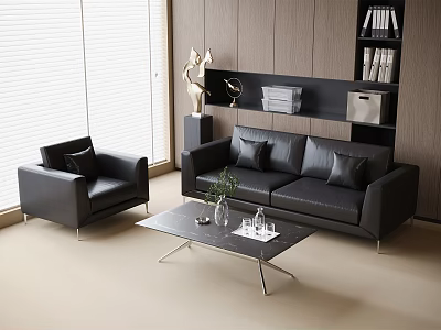 Modern Black Leather Sofa Coffee Table Set with Armchair Glass Top and Bookshelf in Interior 3d model