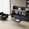 Modern Black Leather Sofa Coffee Table Set with Armchair Glass Top and Bookshelf in Interior
