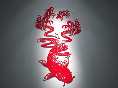 Red Paper Cut Koi Fish Wall Decor with Intricate Wave Patterns 3d model