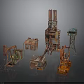 Abandoned Industrial Machinery Equipment With Oil Pumps Drill Rigs And Rusted Control Boxes