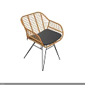 Modern Woven Rattan Leisure Chair With Gray Padded Seat And Black Metal Legs