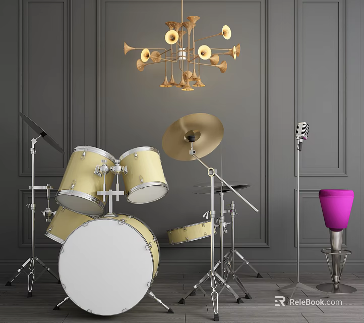 Elegant Musical Instruments And Art Supplies With Drum Set Cymbals Microphone And Pink Paint Bucket 3d model 