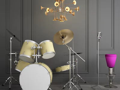 Elegant Musical Instruments And Art Supplies With Drum Set Cymbals Microphone And Pink Paint Bucket 3d model