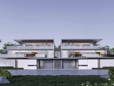 Modern Twin Villa Exterior Architecture With Glass Walls Flat Roof And Green Lawn 3d model