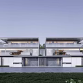 Modern Twin Villa Exterior Architecture With Glass Walls Flat Roof And Green Lawn