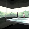 Indoor Exhibition Space With Green Mountain Landscape Backdrop And Reflective Floor Design