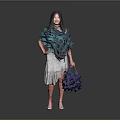 Woman Wearing Green Ruffled Top White Lace Skirt Holding Blue Floral Handbag on Grey Background