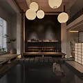 Traditional Japanese Teahouse Interior Design With Hanging Lanterns Wooden Seats And Stone Decor
