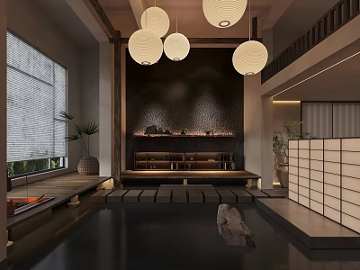 Traditional Japanese Teahouse Interior Design With Hanging Lanterns Wooden Seats And Stone Decor 3d model