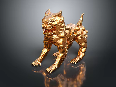 Golden Qilin Statue In Standing Pose With Intricate Details And Shiny Surface 3d model