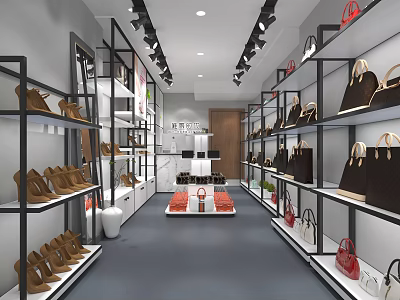 Fashionable Modern Boutique With Stylish Bags And Shoes On Black Metal Shelves 3d model