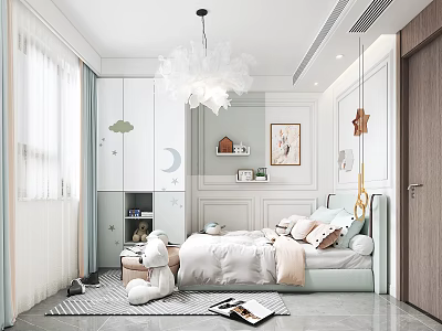 Kids Room With White Chandelier Cloud Moon Decor Bed Bookshelf Stuffed Toys And Carpet 3d model