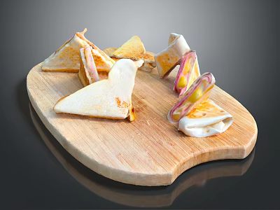 Triangular Stuffed Sandwiches On Wooden Cutting Board With Cheese And Ham Fillings 3d model