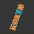 Yellow and Blue Decorative Bottle on Wooden Plank with Hanging Blue Cloth