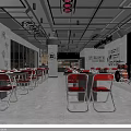 Modern Restaurant Interior With Neon Lights Open Layout Tables Chairs Stage And Wall Posters
