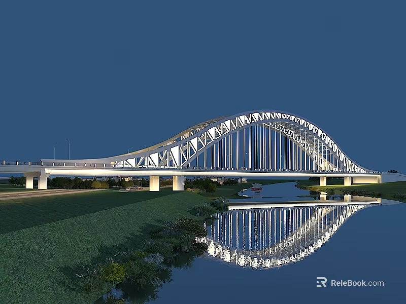 Modern Illuminated Arch Bridge With Metal Structure Water Reflection And Green Surroundings 3d model 