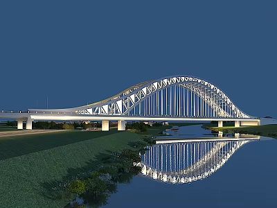 Modern Illuminated Arch Bridge With Metal Structure Water Reflection And Green Surroundings 3d model