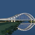 Modern Illuminated Arch Bridge With Metal Structure Water Reflection And Green Surroundings