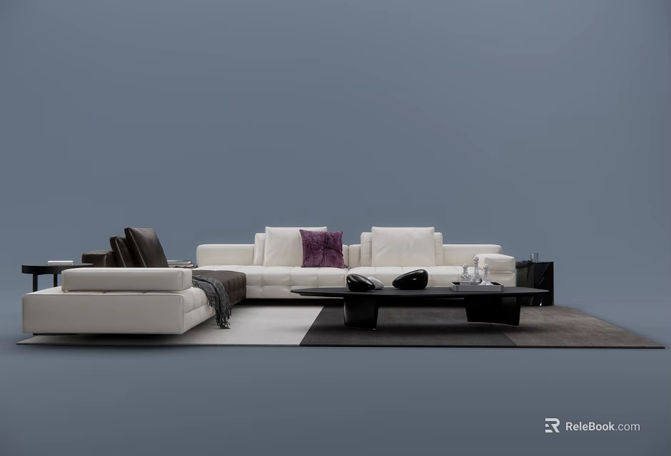 Modern White Sofa And Dark Coffee Table Set With Plush Pillows Throw Blanket And Rug 3d model