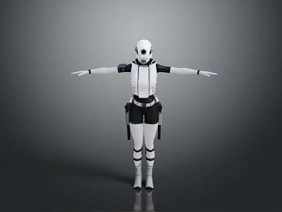 Futuristic Helmeted Robot Character With White Armor Black Accents Standing Pose And Extended Arms 3d model